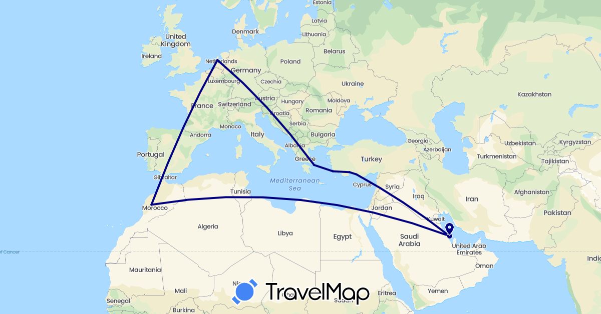 TravelMap itinerary: driving in Greece, Morocco, Netherlands, Saudi Arabia, Turkey (Africa, Asia, Europe)