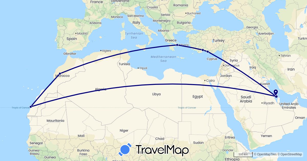 TravelMap itinerary: driving in Bahrain, Greece, Morocco, Turkey (Africa, Asia, Europe)