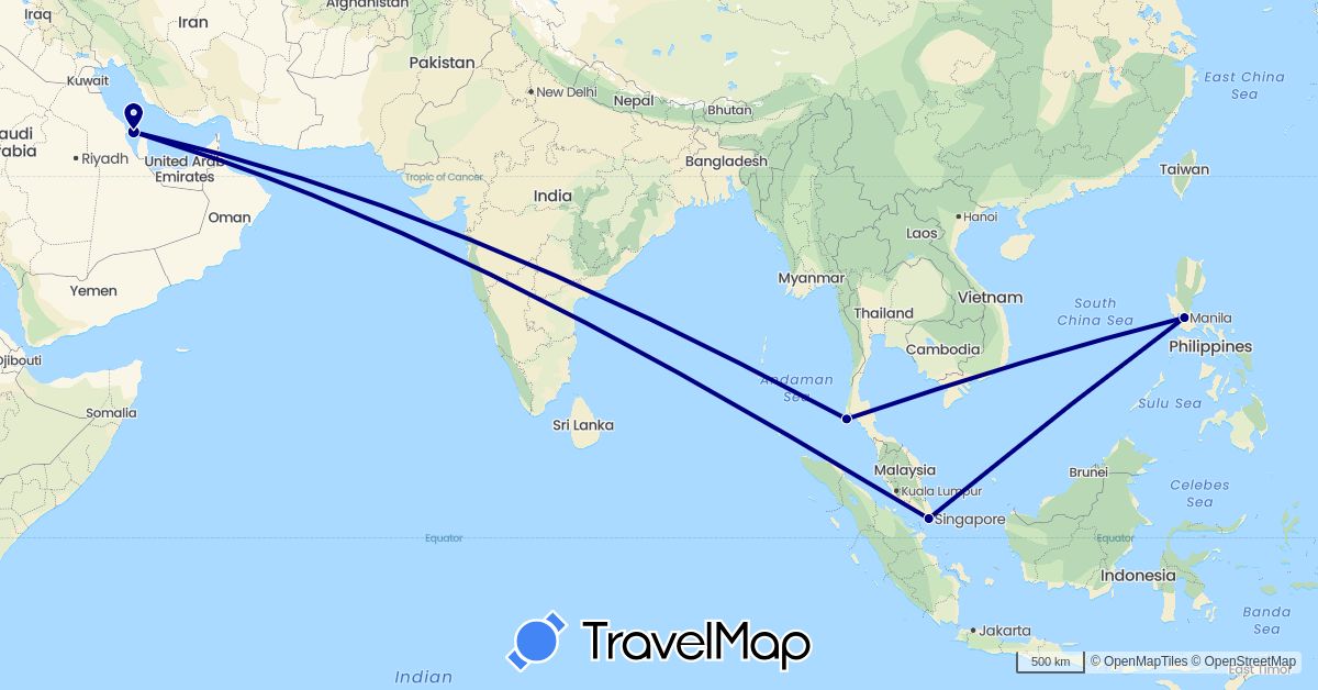 TravelMap itinerary: driving in Bahrain, Philippines, Singapore, Thailand (Asia)